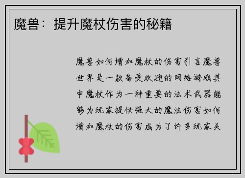 魔兽：提升魔杖伤害的秘籍