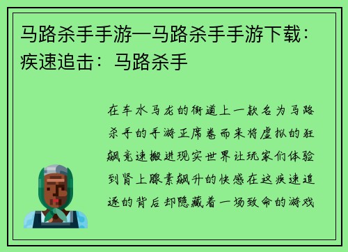 马路杀手手游—马路杀手手游下载：疾速追击：马路杀手